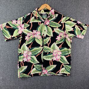 reyn spooner Black Hawaiian Shirt with Pink Flowers and Green Leaves